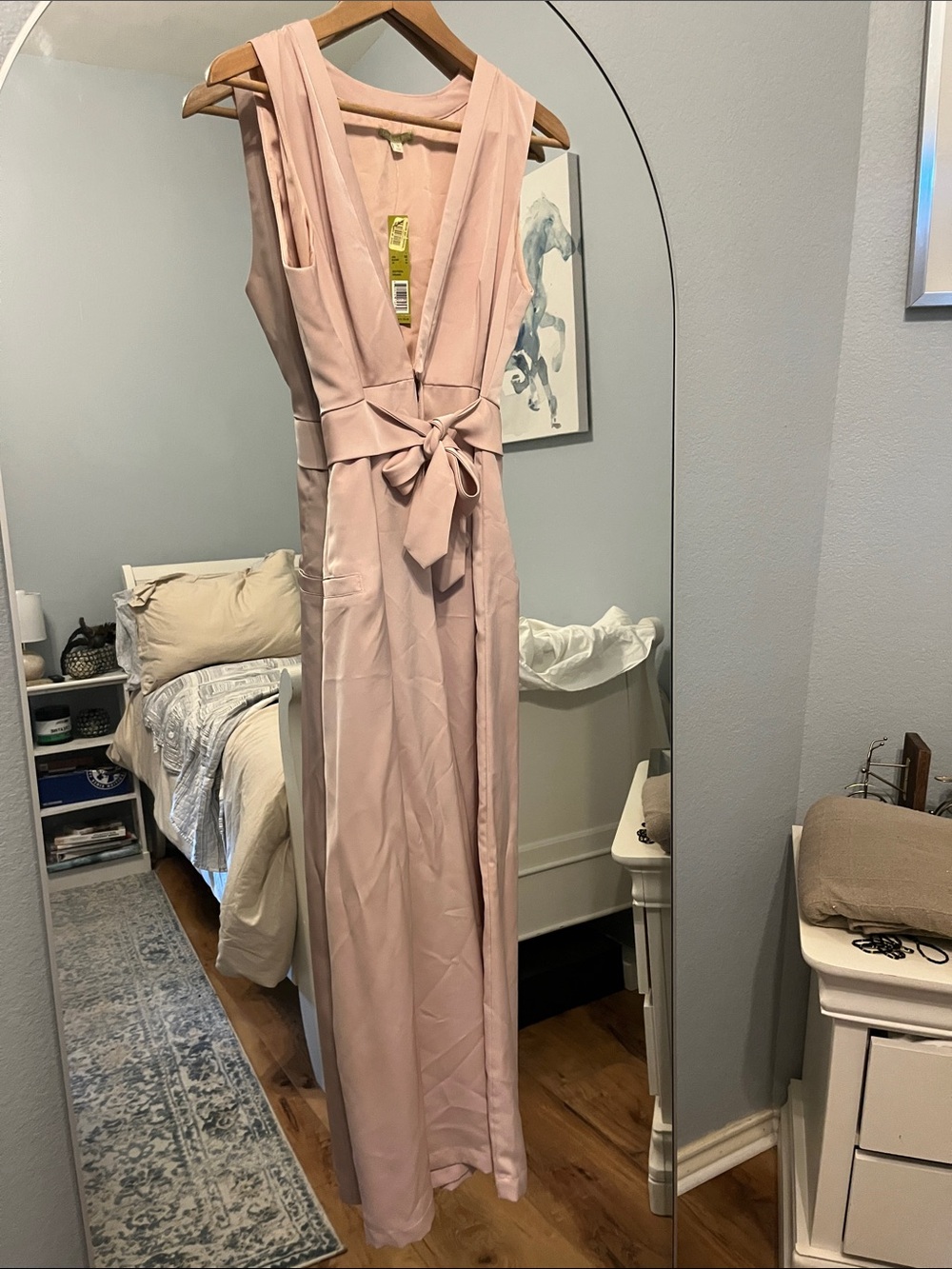 Blush Pink Sleeveless Wrap Jumpsuit with Tie Waist Wide Leg 23” cropped